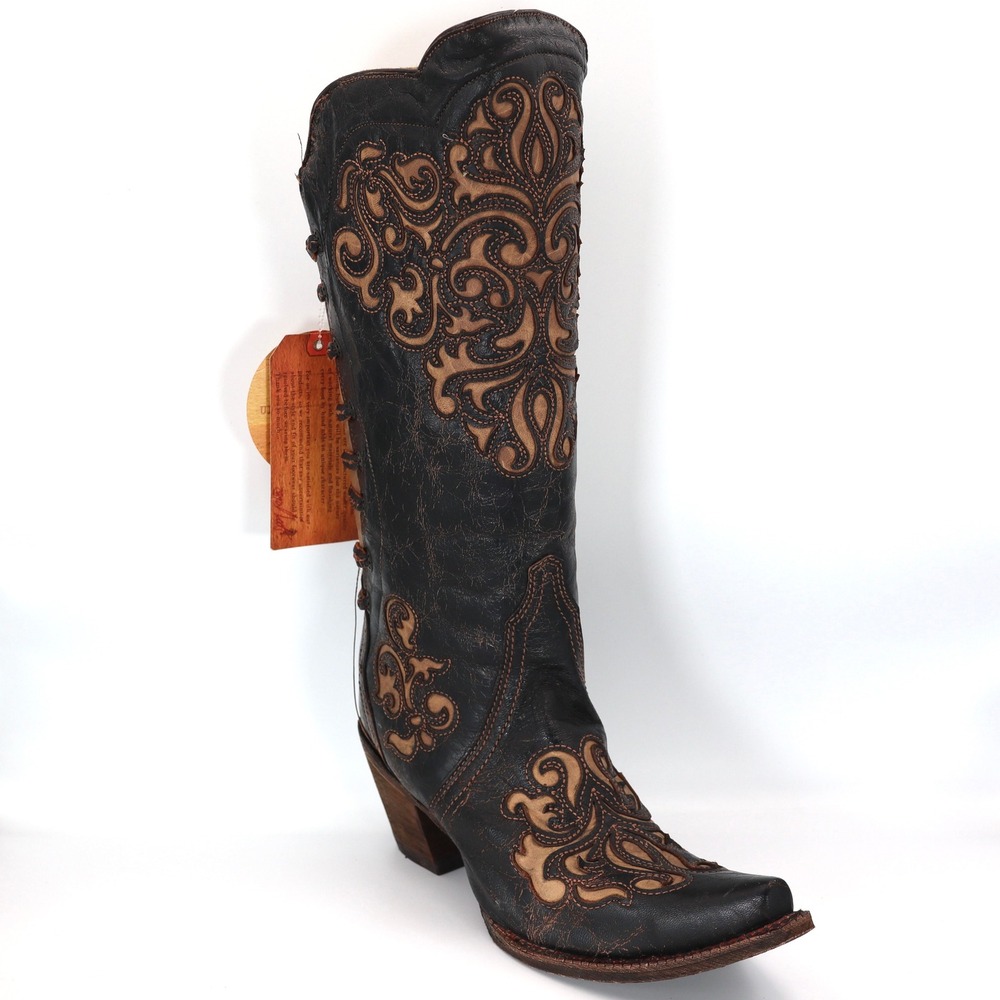 Corral Western Boots Womens 10.5 Black Tan Filigree Lace Back Snip Toe Cowboy